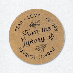 May include: A brown circle sticker with the text "Read. Love. Return. From the Library of Harriot Jordan" in black cursive font. The sticker has a floral design.