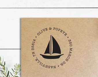 Sail Boat Address Stamp, Wooden Rubber or Self Inking Stamp, Nautical Return Address Stamp
