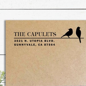 Birds Address Stamp, Self Inking or Wooden Rubber Stamp, Birds on a Wire Stamp, Custom Return Address Stamp