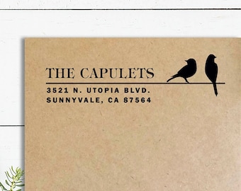 Birds Address Stamp, Self Inking or Wooden Rubber Stamp, Birds on a Wire Stamp, Custom Return Address Stamp