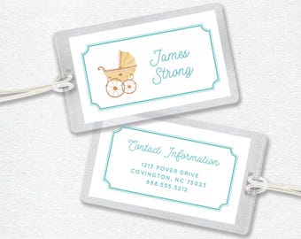 Custom Diaper Bag Tag with Baby Stroller, Laminated Bag Tag, Custom Tag for School or Daycare Bag, Baby Shower Gift for Boys or Girls