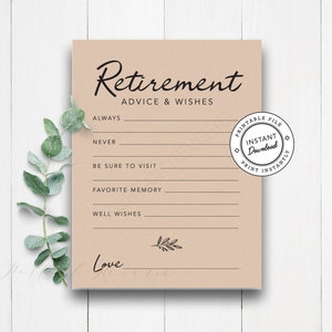 May include: Printable retirement advice and wishes card with a brown background and black text. The card has lines for guests to write their advice and wishes. The card also has a stamp that says "Printable File Instant Download Print Instantly".