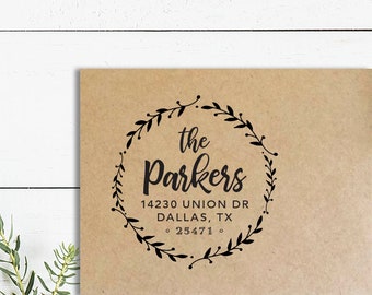 Greenery Return Address Stamp with Wreath, Self Inking Address Stamp or Wooden Rubber Stamp, Holiday Address Stamper