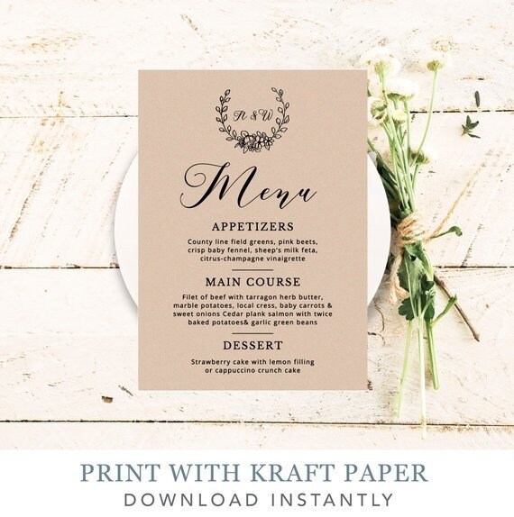 Wedding Menu Printable Wedding Calligraphy Menu Modern Menu | Etsy