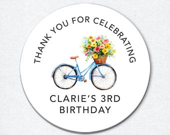Bike Birthday Favor Stickers, Floral Bicycle Thank You Labels, Personalized Girls Happy Birthday Favors, Thank You for Celebrating