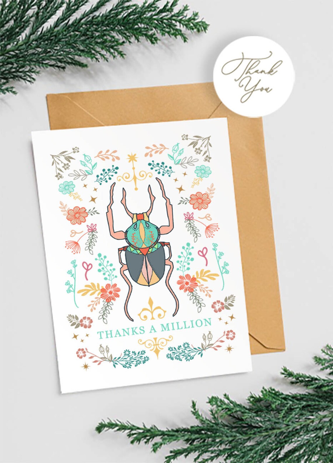 Beetle Thank You Card Set of 6 Hand Illustrated Floral Etsy