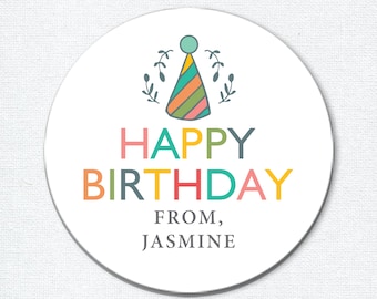 Colorful Happy Birthday Stickers for Party Favors, Custom Gift Stickers, Personalized Celebration Labels, Party Hat Favor Labels