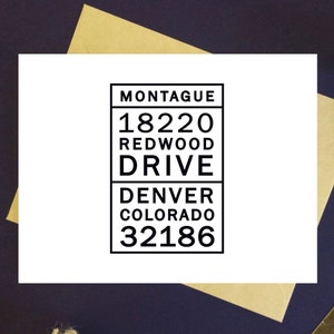 Pode incluir: Etiqueta de endere&ccedil;o preto e branco com o texto "MONTAGUE 18220 REDWOOD DRIVE DENVER COLORADO 32186"