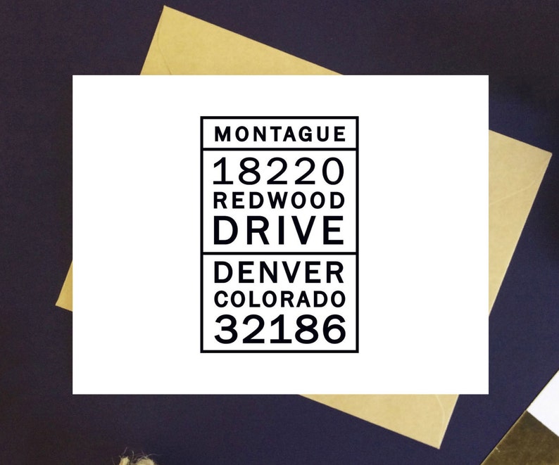 Pode incluir: Etiqueta de endere&ccedil;o preto e branco com o texto "MONTAGUE 18220 REDWOOD DRIVE DENVER COLORADO 32186"