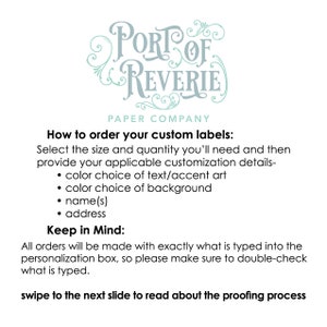 Peut inclure: Un graphique avec le texte "Port of Reverie Paper Company" dans une police d&eacute;corative. Le texte "Comment commander vos &eacute;tiquettes personnalis&eacute;es :" est suivi d'une liste d'instructions pour commander des &eacute;tiquettes personnalis&eacute;es. Le texte "&Agrave; garder &agrave; l'esprit :" est suivi d'une note sur la double v&eacute;rification des d&eacute;tails de personnalisation.