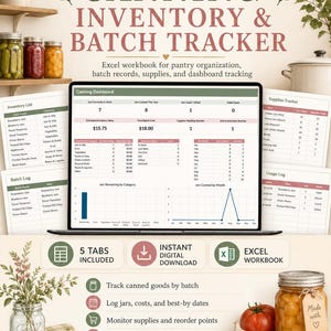 May include: A digital canning inventory and batch tracker Excel workbook displayed on a laptop screen. The interface features a dashboard with charts, inventory lists, batch logs, and supply trackers for organizing pantry goods and tracking canning data.