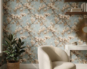 Vintage Cherry Blossom Wallpaper Blue Cream Floral Branch Wall Mural
