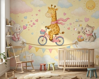 Papel pintado de jirafa en bicicleta en tonos pastel para pared de habitación infantil.