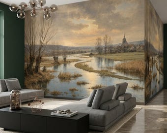 Papel pintado de paisaje pastoral con río serpenteante y mural de pared de un pueblo europeo.