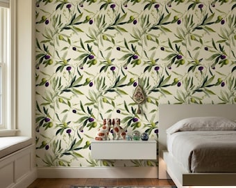 Tapeta akwarelowa z gałązką oliwną: botaniczny mural do kuchni w stylu śródziemnomorskim (zdejmowana rolka)