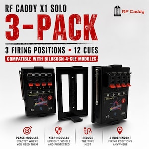 May include: RF Caddy X1 Solo 3-pack featuring three black firing modules with 12 cues total. Each module is compatible with Bilusocn 4-cue units. The set includes three firing positions, designed to keep modules upright, visible, and protected.