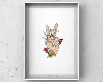 Peace Fingers, Peace Sign, Digital Download, Printable Wall Art, Hippie Print, Boho Print, Floral, Wildflowers, Naturalist, Conservation