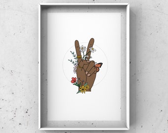 Peace Fingers, Peace Sign, Digital Download, Printable Wall Art, Hippie Print, Boho Print, Floral, Wildflowers, Naturalist, Conservation