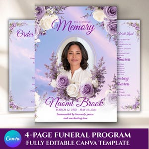 Può includere: Un modello di programma funebre con il ritratto di una persona incorniciato da rose viola e bianche e rametti di lavanda su uno sfondo di cielo tenue. Il testo include In Loving Memory, Naomi Brook, le date e i dettagli del servizio.
