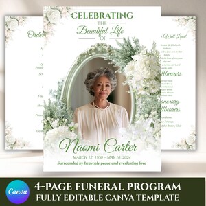 May include: A four-page funeral programme template featuring a portrait of an older person with grey hair inside an oval frame, surrounded by white floral arrangements. The text reads Celebrating the Beautiful Life of Naomi Carter, March 12, 1950 – May 10, 2024.