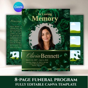 May include: An 8-page funeral program template featuring a dark green background with deep green rose illustrations. The cover displays the text In Loving Memory, a circular photo frame, and the name Olivia Bennett with dates and service details.
