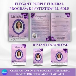 Può includere: Un set di programma funebre e invito viola con il ritratto di una persona all'interno di una cornice ovale decorata. Il design include nuvole, dettagli in tessuto satinato e testo come In Loving Memory, Alessia Romano e Order of services.