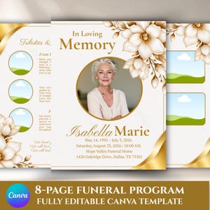 Può includere: Un modello di programma funebre di 8 pagine con accenti floreali dorati e una cornice circolare centrale per foto. Il testo recita In Loving Memory, Isabella Marie, May 14, 1992 – July 3, 2026, Saturday, August 23, 2026, 10:00 AM, Hope Valley Funeral Home.
