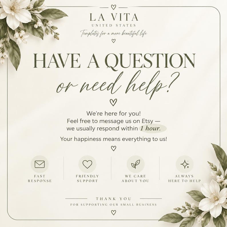 Może przedstawiać: Kremowa grafika informacyjna z białymi akcentami kwiatowymi w rogach. Tekst brzmi: LA VITA UNITED STATES, HAVE A QUESTION or need help?, We're here for you! Feel free to message us on Etsy &mdash; we usually respond within 1 hour.