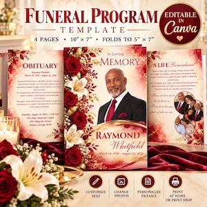 Puede incluir: Una plantilla de programa funerario de cuatro páginas que mide 25,4 cm por 17,8 cm, plegable a 12,7 cm por 17,8 cm. El diseño presenta rosas rojas oscuras, lirios blancos y detalles dorados. Incluye campos de texto para obituarios y una fotografía.