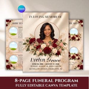 Può includere: Un modello di programma funebre di 8 pagine con sfondo beige e accenti color acquerello dorato. La copertina presenta una cornice circolare per foto, circondata da rose rosse e bianche, con il testo IN LOVING MEMORY OF Evelyn Grace, date e luogo.