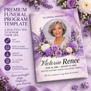 Può includere: Un modello di programma funebre con un design floreale viola e bianco e una cornice circolare per foto. Il testo recita IN LOVING MEMORY OF, Victoria Renee, JUNE 18, 1986 - AUGUST 27, 2026, BELOVED MOTHER, SISTER, DAUGHTER, FRIEND e Her love remains in every heart she touched.