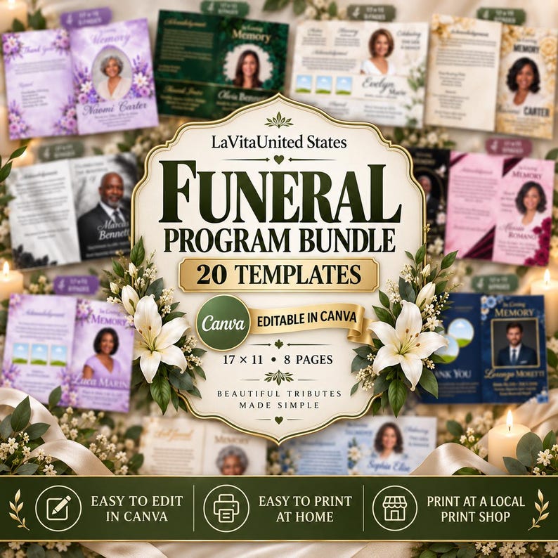 Może przedstawiać: Pakiet program&oacute;w pogrzebowych zawierający 20 edytowalnych szablon&oacute;w Canva. Centralna etykieta zawiera tekst LaVitaUnitedStates Funeral Program Bundle 20 Templates, 17 x 11, 8 pages oraz Editable in Canva, otoczony ilustracjami białych lilii.