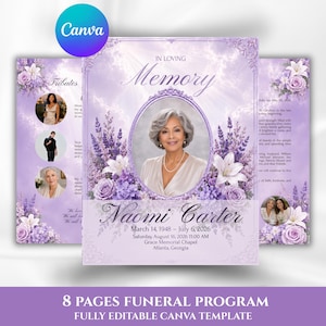May include: A lavender-themed funeral program template featuring floral accents of roses and lilies. The cover displays the text In Loving Memory, the name Naomi Carter, dates, and location details, with a central oval frame for a portrait.