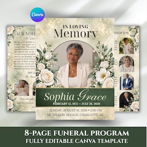 May include: An 8-page funeral program template featuring a portrait of a person in a white blazer, surrounded by white roses and greenery. The text reads In Loving Memory, Sophia Grace, February 12, 1972 – July 28, 2026, and service details.