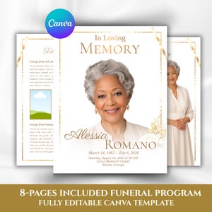 Può includere: Un modello di programma funebre di 8 pagine con il ritratto di una donna dai capelli grigi, testo dorato In Loving Memory, Alessia Romano e le date 14 marzo 1963 – 6 luglio 2026, con accenti floreali su uno sfondo bianco.