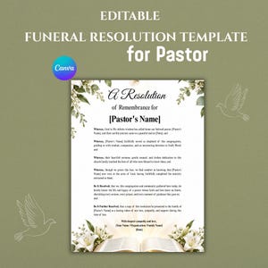 以下が含まれることがあります： 牧師のための編集可能な葬儀決議テンプレート。A Resolution of Remembrance for [Pastor's Name]というテキストが記載され、上下に白いユリと緑の葉が装飾され、下部には開いた本のイラストが描かれています。