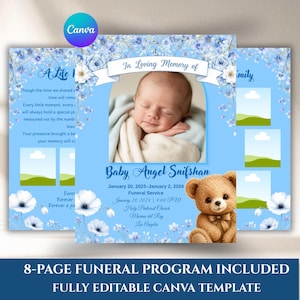 May include: A light blue funeral program template featuring a central photo of a sleeping infant, a brown teddy bear, and floral accents. The text reads In Loving Memory of Baby Angel Snifshan, January 20, 2023-January 2, 2024, and Funeral Service details.