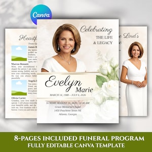 Könnte beinhalten: Eine Vorlage für ein Trauerprogramm mit dem Porträt einer Frau in einem weißen Kleid, weißen Rosen und dem Text Celebrating THE LIFE & LEGACY, Evelyn Marie, March 14, 1988 – July 6, 2026, Sunday, August 16, 2026, 11:00 AM, Grace Memorial Chapel.