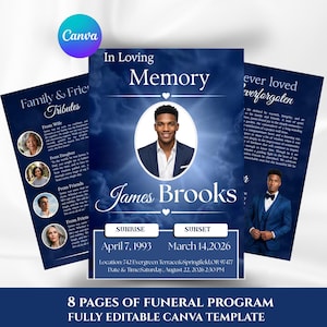 Può includere: Un modello di programma funebre con uno sfondo blu profondo e nuvoloso e testo bianco. Il centro mostra il ritratto di un uomo in abito, il nome James Brooks e le date di nascita e morte. Include sezioni per tributi e fotografie.