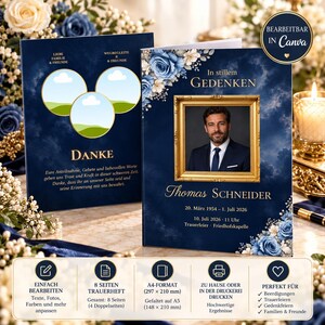 Trauerprogramm Vorlage A4 A5, 8 Seiten, Beerdigung Programm, Gedenkheft, Trauerheft Canva Vorlage, Blaue Rosen, Abschied Erinnerung