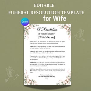 Può includere: Un modello modificabile di risoluzione funebre per una moglie con il testo A Resolution of Remembrance for [Wife's Name], decorato con illustrazioni ad acquerello di anelli dorati, nastri rosa e foglie verdi, con due colombe bianche.