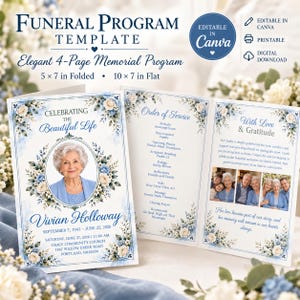 Könnte beinhalten: Eine 12,7x17,8 cm große, gefaltete Trauerprogramm-Vorlage mit blau-weißen Blumenakzenten. Das Deckblatt zeigt ein Porträt, den Text Celebrating The Beautiful Life, Vivian Holloway und Daten. Das Innere listet den Ablauf der Trauerfeier auf.