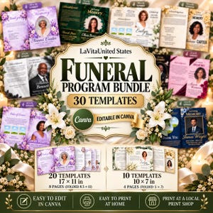 Pacote com 30 modelos de programas funerários, programas memoriais editáveis ​​no Canva, 20 modelos de 17x11 e 10 modelos de 10x7, conjunto digital de programas para celebração da vida.