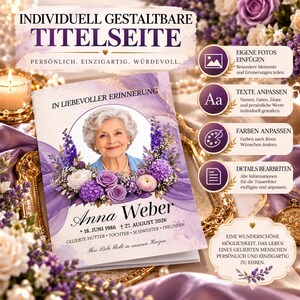 Trauerheft Vorlage A4 A5, 8 Seiten Trauerprogramm, Beerdigung Programmheft, Gedenkheft Canva, Lila Blumen, Trauerfeier Vorlage zum Drucken
