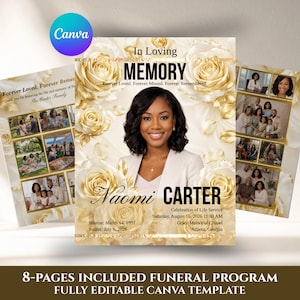 Può includere: Un modello di programma funebre con un ritratto centrale circondato da rose dorate. Il testo recita In Loving Memory, Naomi Carter, Celebration of Life Service, 16 agosto 2026, e include diverse cornici per inserire foto personali.