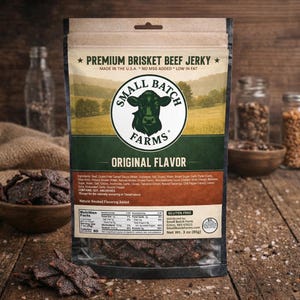 Könnte beinhalten: Ein 85g Beutel Small Batch Farms Premium Brisket Beef Jerky in der Geschmacksrichtung Original. Die Verpackung zeigt eine Kuh-Illustration, eine ländliche Landschaft, eine Nährwerttabelle und Zutatenliste. Der Beutel enthält dunkelbraune Fleischstücke.