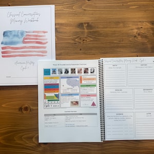 May include: A spiral-bound Classical Conversations Memory Workbook with a watercolor American flag on the cover. The open pages display Week 18 Foundations and Essentials Overview, featuring charts for math, history, science, and geography subjects.
