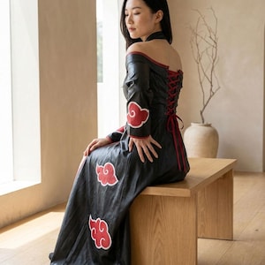 Handmade Womens Akatsuki Cosplay Leather Cloak Coat Narto Red Cloud Gothic Ninja Costume Dress