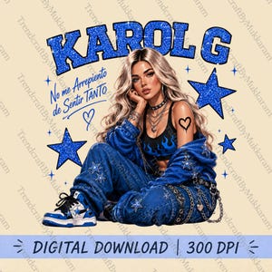 May include: A digital graphic featuring a blonde person wearing a blue flame-print crop top, blue denim pants, and blue and white sneakers. The text reads KAROL G and No me Arrepiento de Sentir TANTO, surrounded by blue glitter stars and a heart.