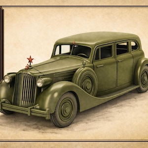 Op de afbeelding: Een olijfgroene hars modelbouwset van een vintage sedan met een rode ster als motorkapornament. Een rechthoekig bord aan de linkerkant vermeldt de beschikbare schalen: 1:43, 1:48, 1:56, 1:64, 1:72, 1:87 en 1:100. De auto heeft een verticale grille en reservewiel.